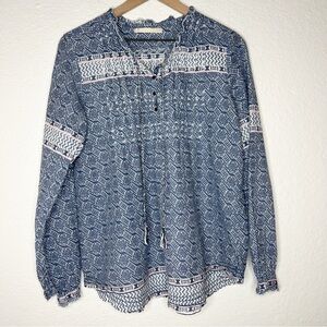 Lola Australia Blue White Print Boho Blouse Cotton Tassel Long Sleeve sze Medium